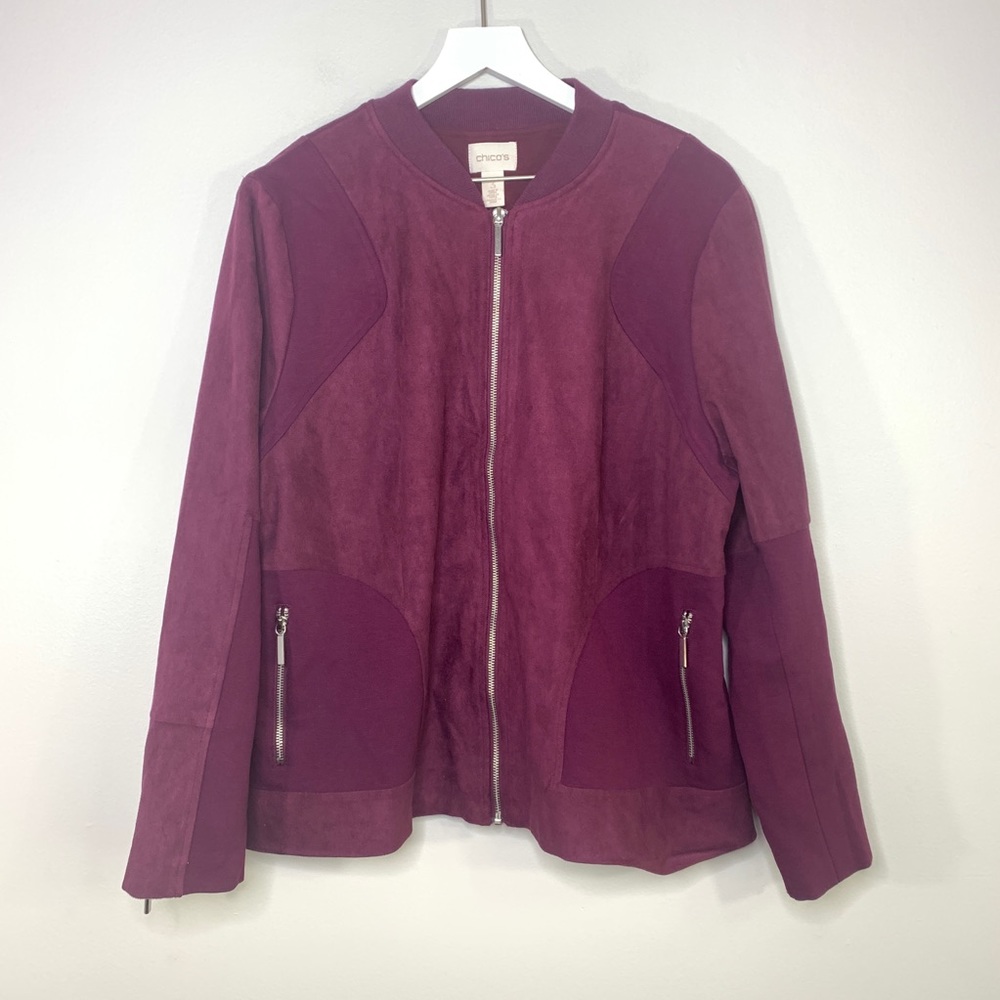 CHICOS Imitation Leather Maroon Full Zip Jacket